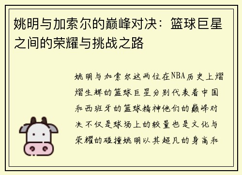 姚明与加索尔的巅峰对决：篮球巨星之间的荣耀与挑战之路
