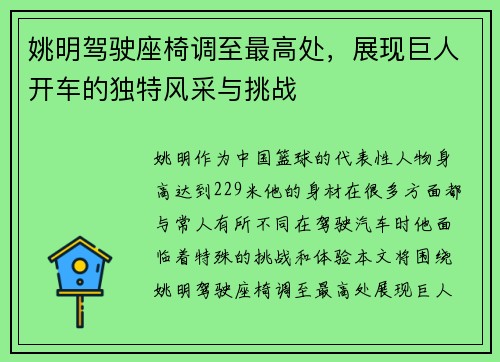 姚明驾驶座椅调至最高处，展现巨人开车的独特风采与挑战